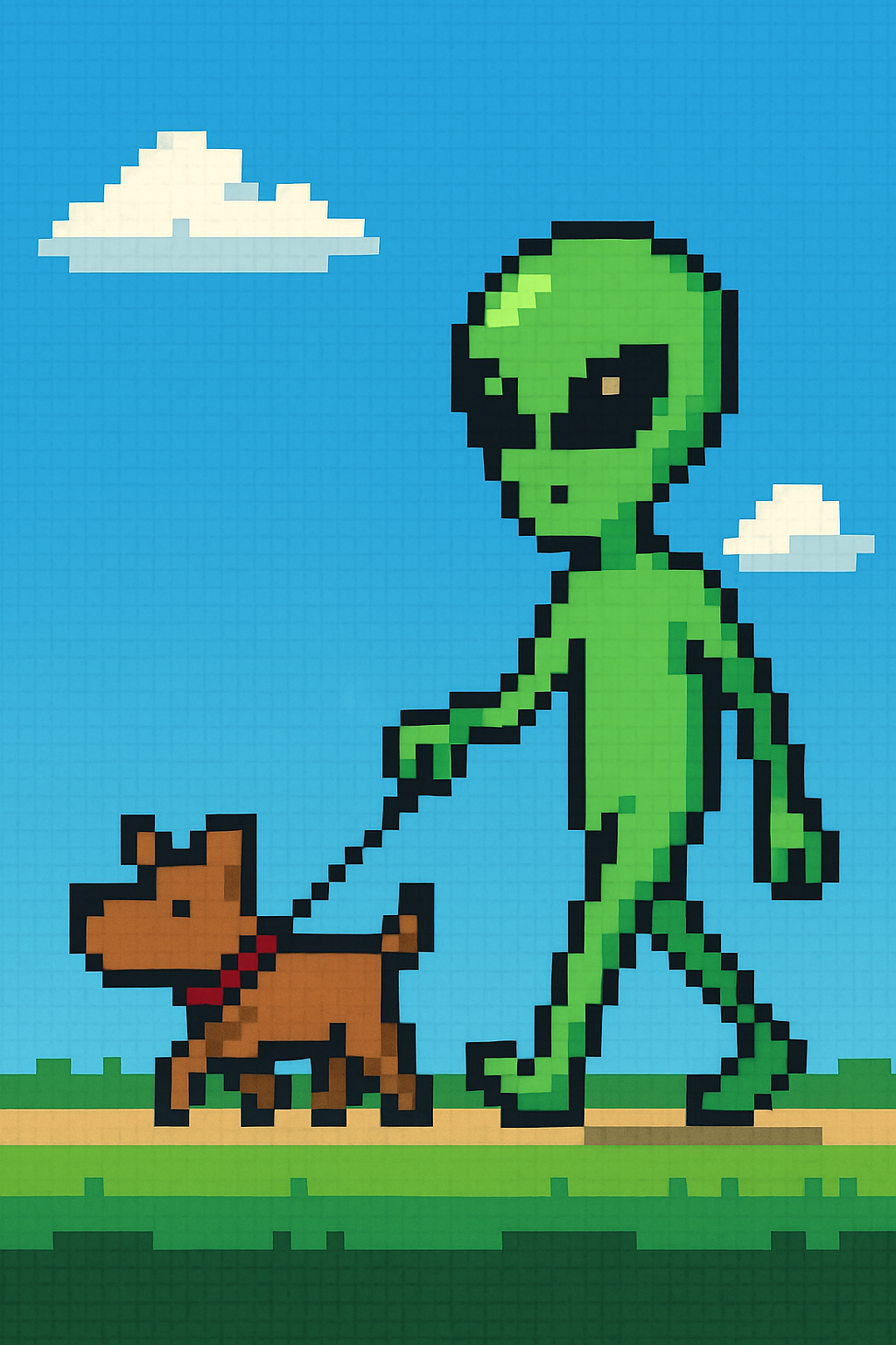Pixel art alien walking a dog